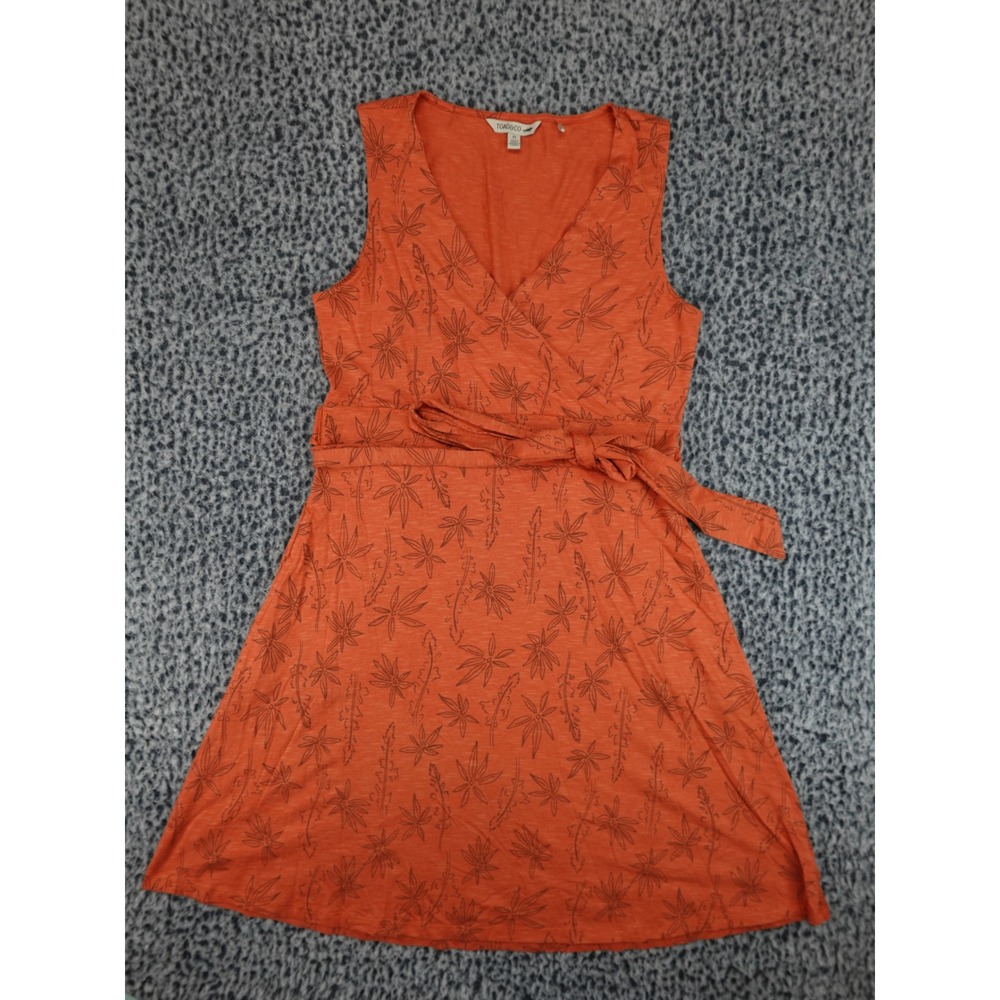 Toad&Co Sleeveless Wrap Dress Womens Medium Orange Botanical Print Tie Waist